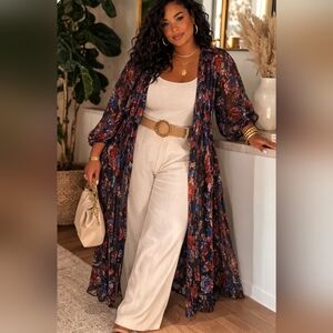 Black Tape Sheer Floral Maxi Kimono Duster 1X Boho Chic